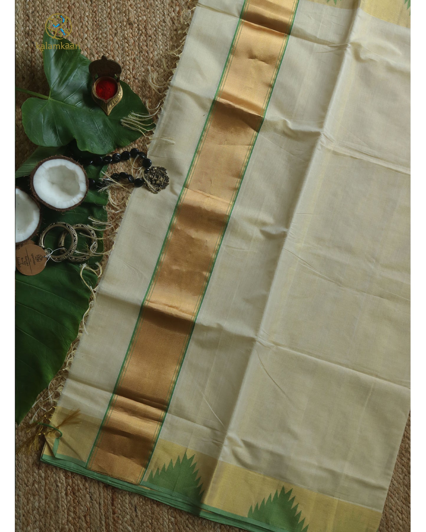3*3 ZARI BORDER GREEN KOMMA KASAVU SAREE