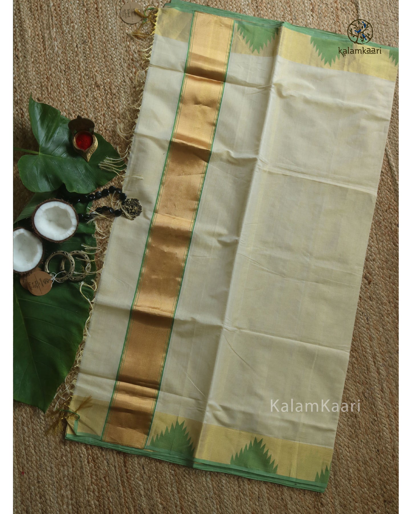 3*3 ZARI BORDER GREEN KOMMA KASAVU SAREE