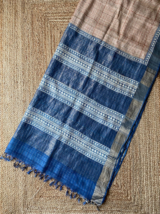 Tussar stripes printed sarees (Light brown)
