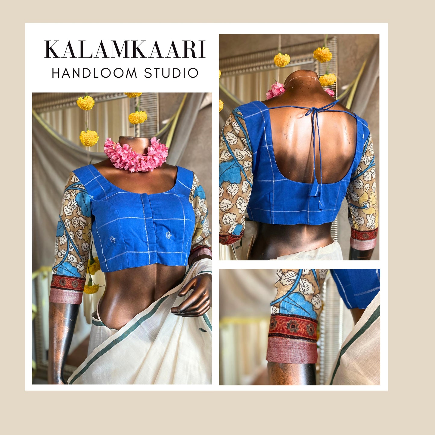 BLUE CHECKS HANDLOOM WITH KALAMKAARI SLEEVE BLOUSE