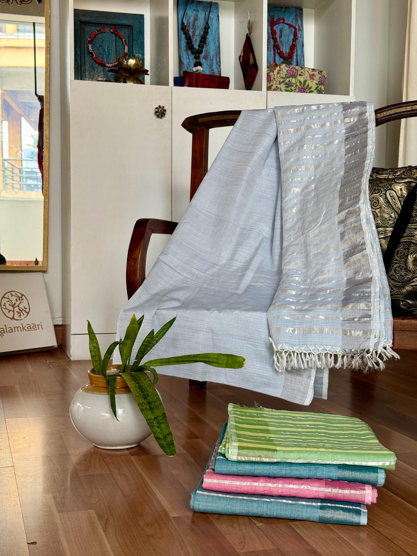 POWDER BLUE COLORED SILVER KASAVU SAREE