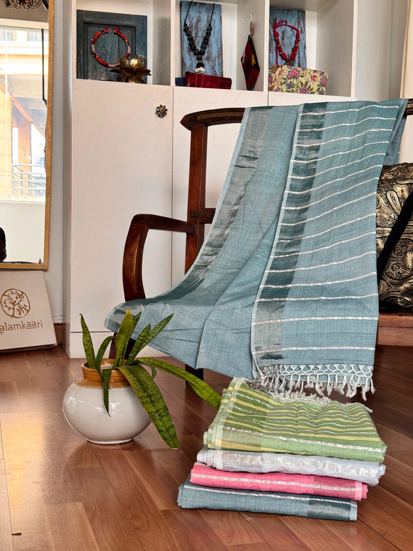 BLUISH GREEN SILVER BORDER STRIPED SAREE