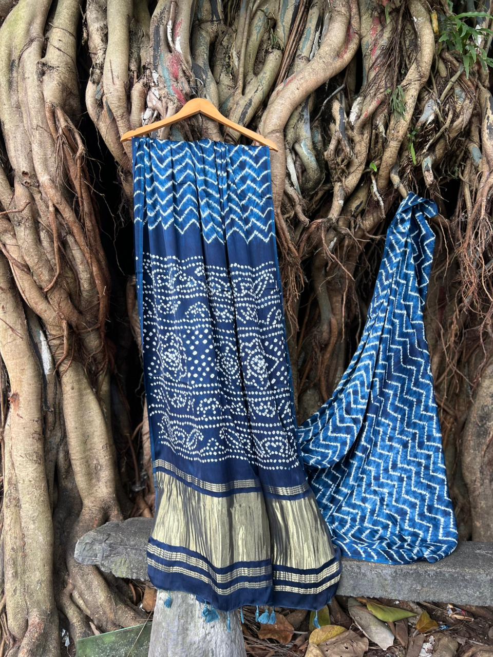 MODAL SILK BANDINI WITH NEEDLE SHIBORI_ INDIGO BLUE