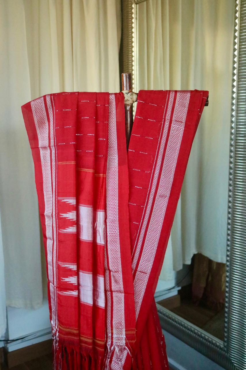 COTTON ILKAL WITH SILK PALLU SAREE_red with silver lines