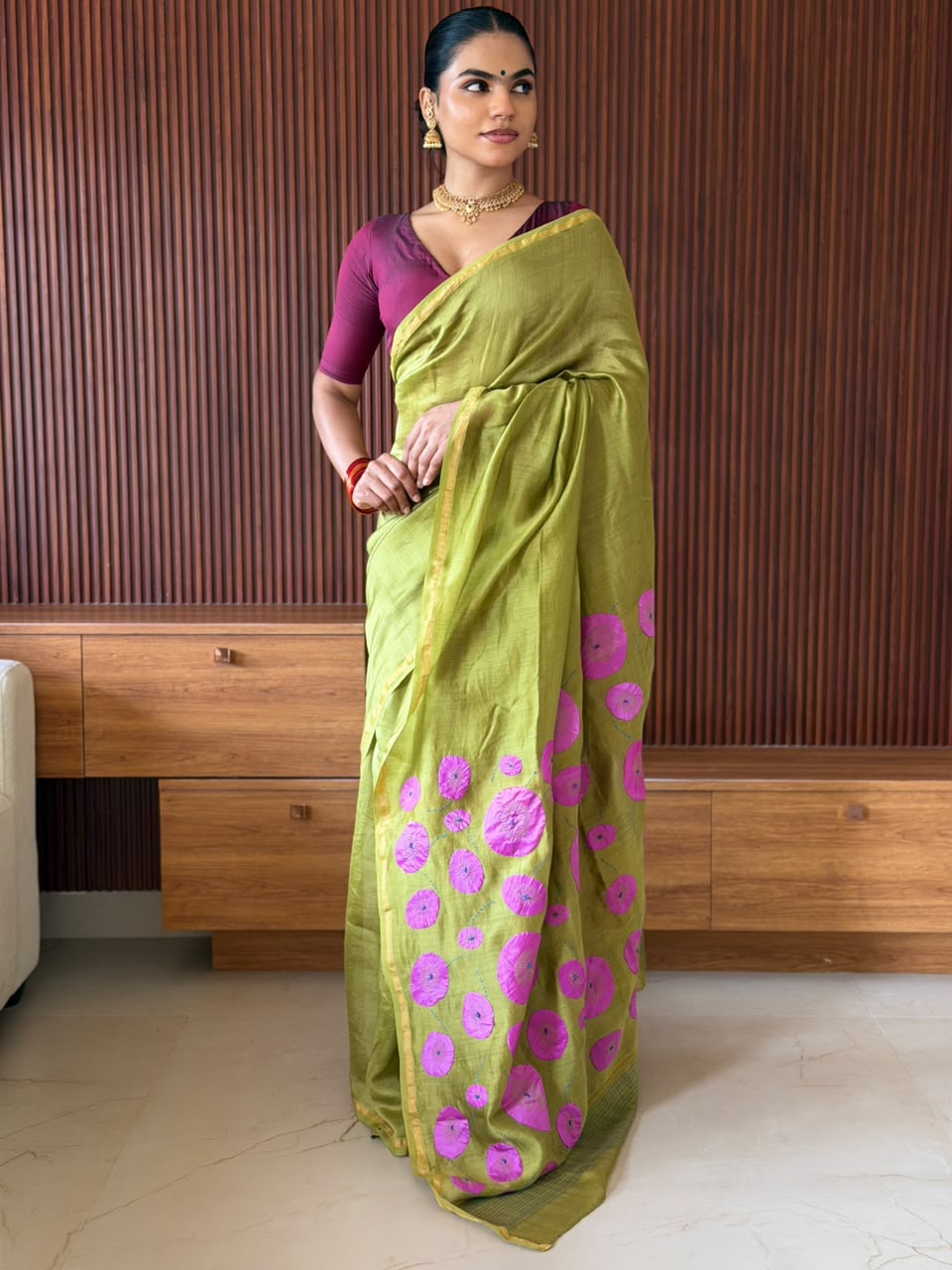 VAT-DYED CHANDERI SAREE WITH APLIC PALLU