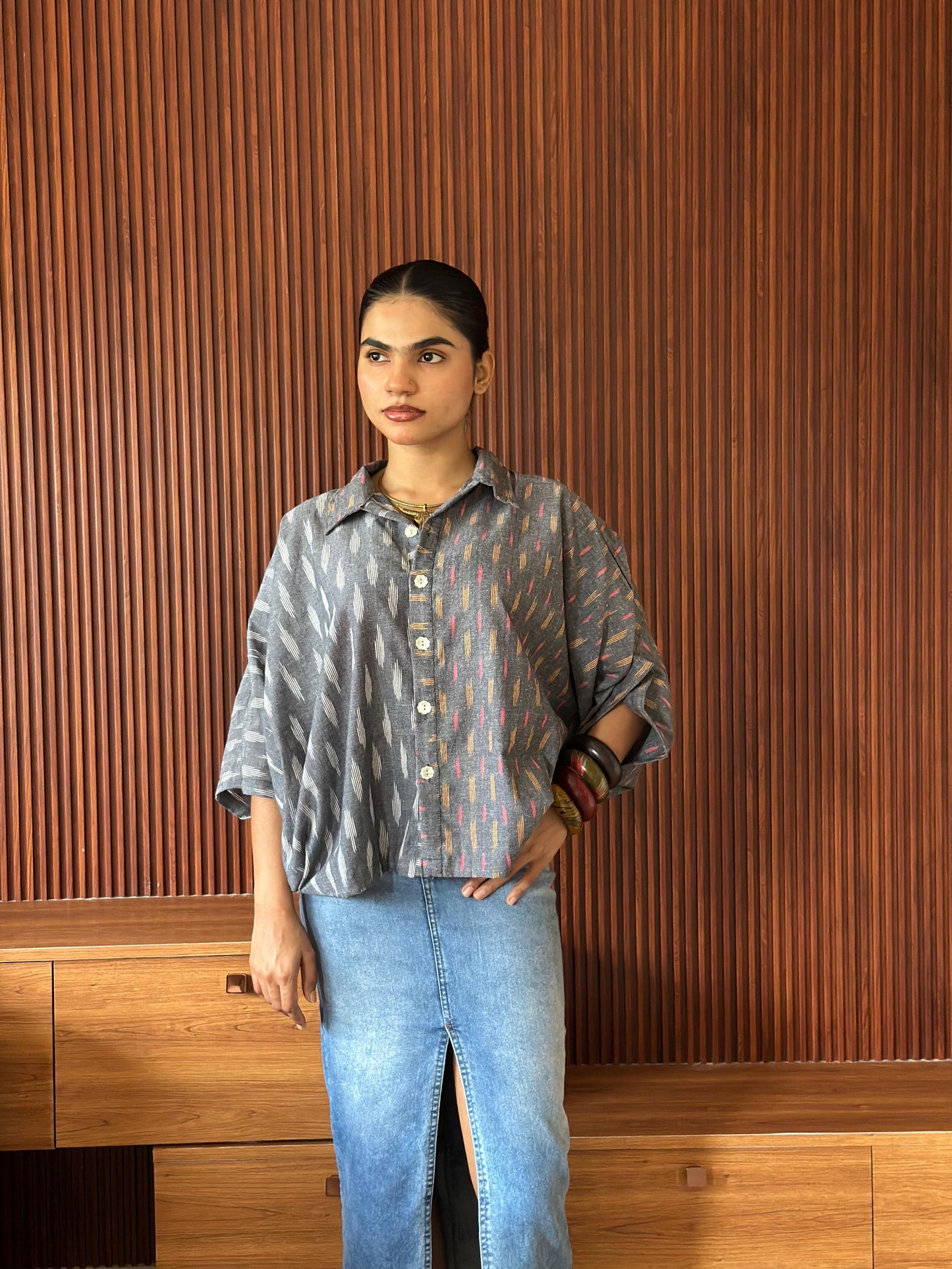 PRINTED ikat KAFTAN SHIRT BLACK