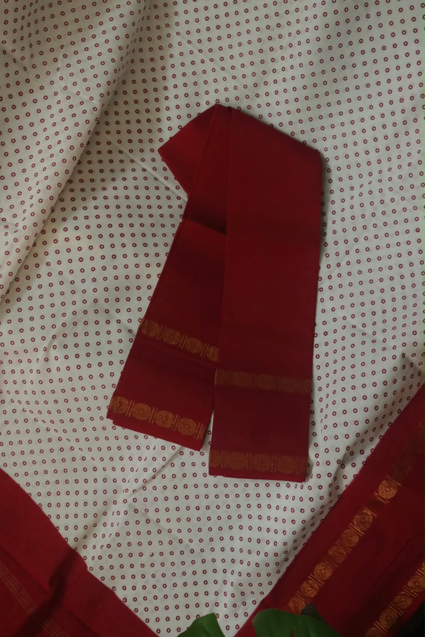 SCREEN PRINTED RUDRAKSHA BORDER COTTON SAREE MAROON