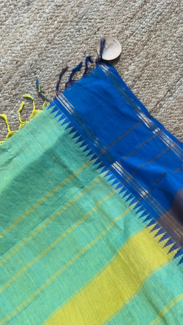 chettinad cotton plain body saree GREEN BLUE