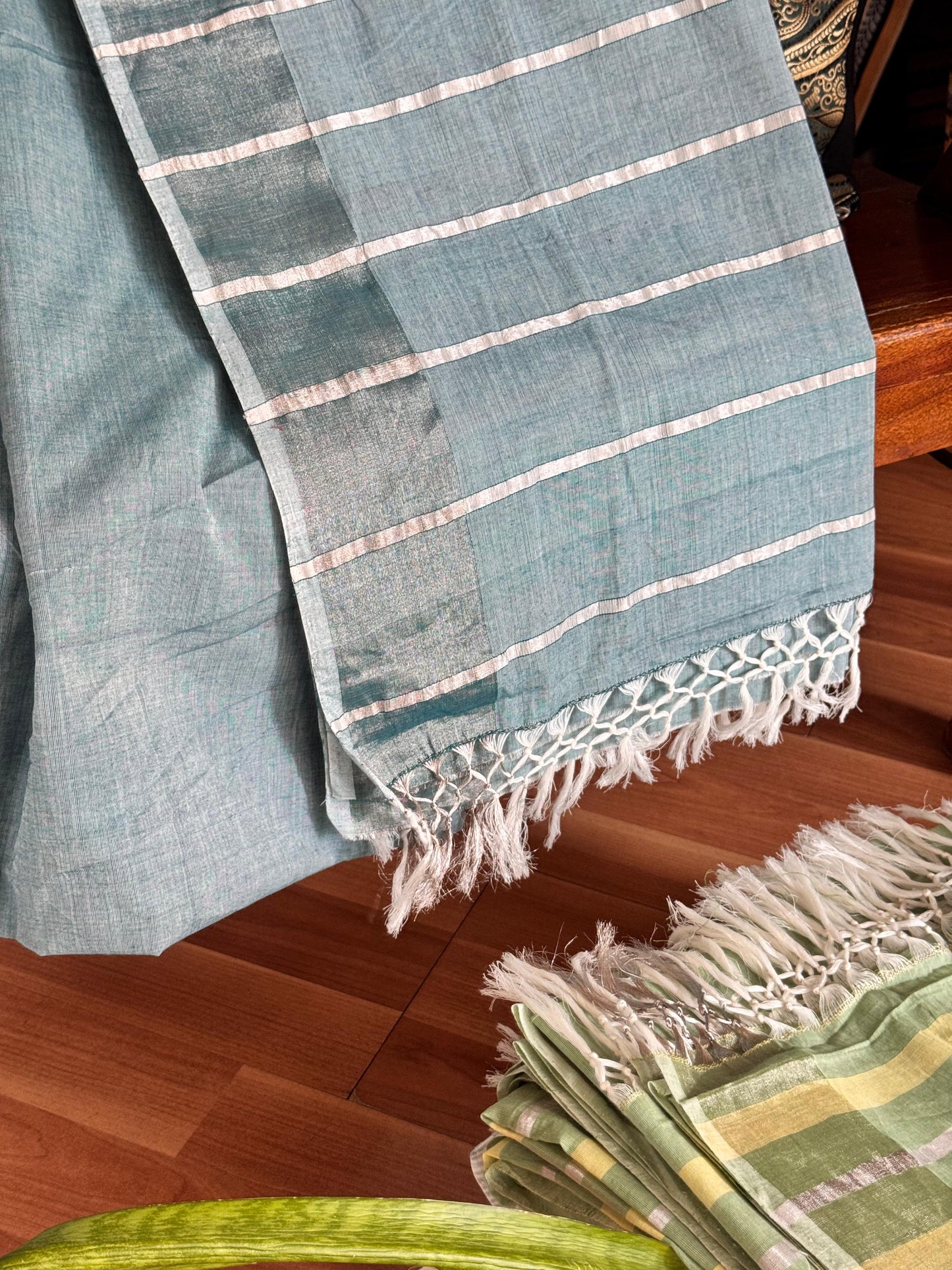 BLUISH GREEN SILVER BORDER STRIPED SAREE