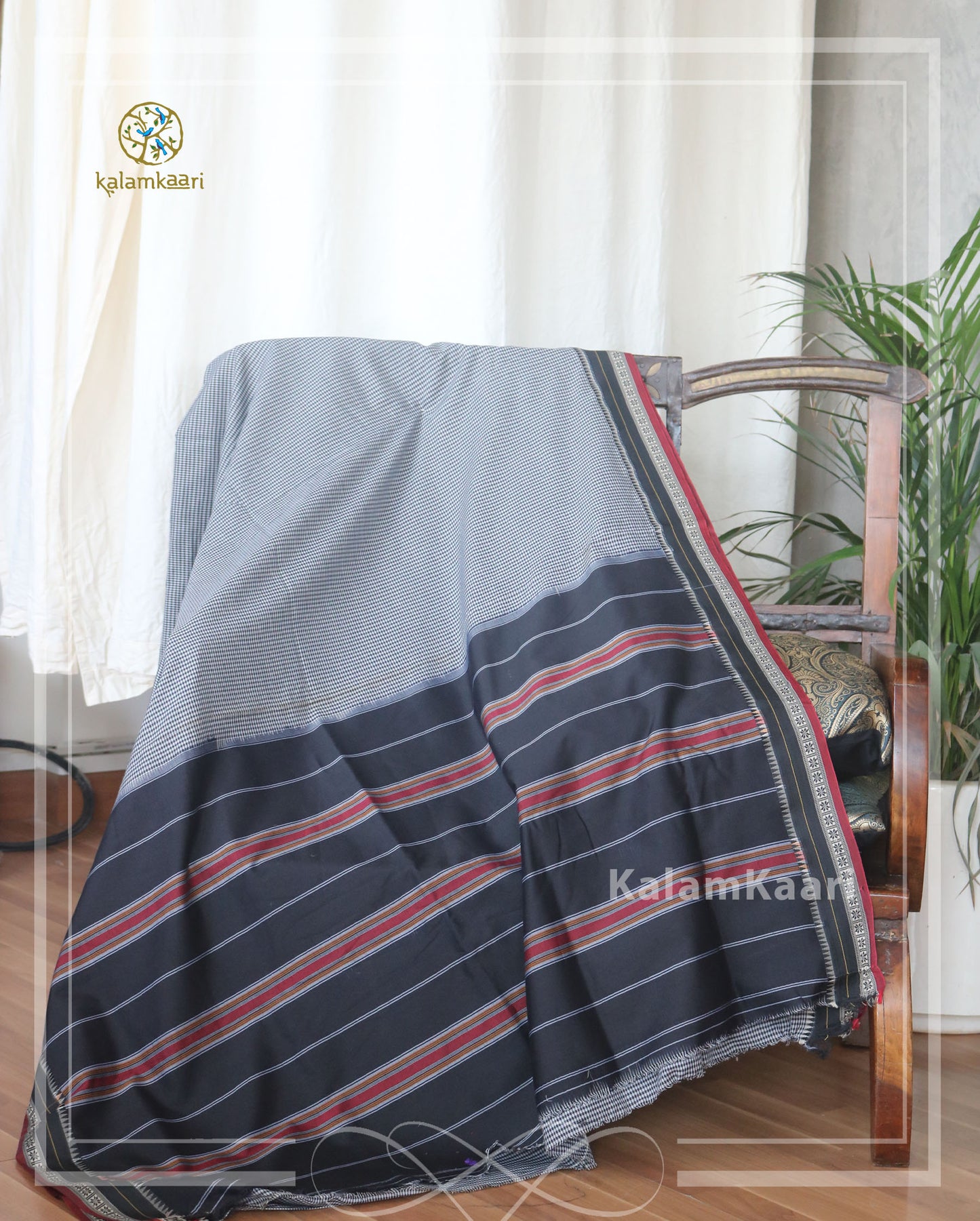 Black checkered silk cotton saree (RELOVE)