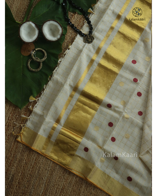 HAND BUTTA POLKA DOT RED KASAVU SAREE