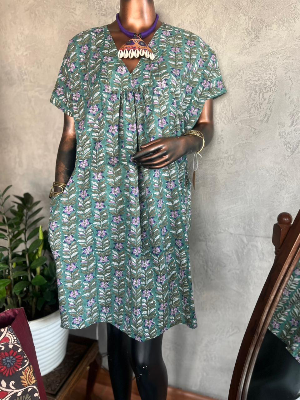 Handblockprinted cotton dress_Forest Green