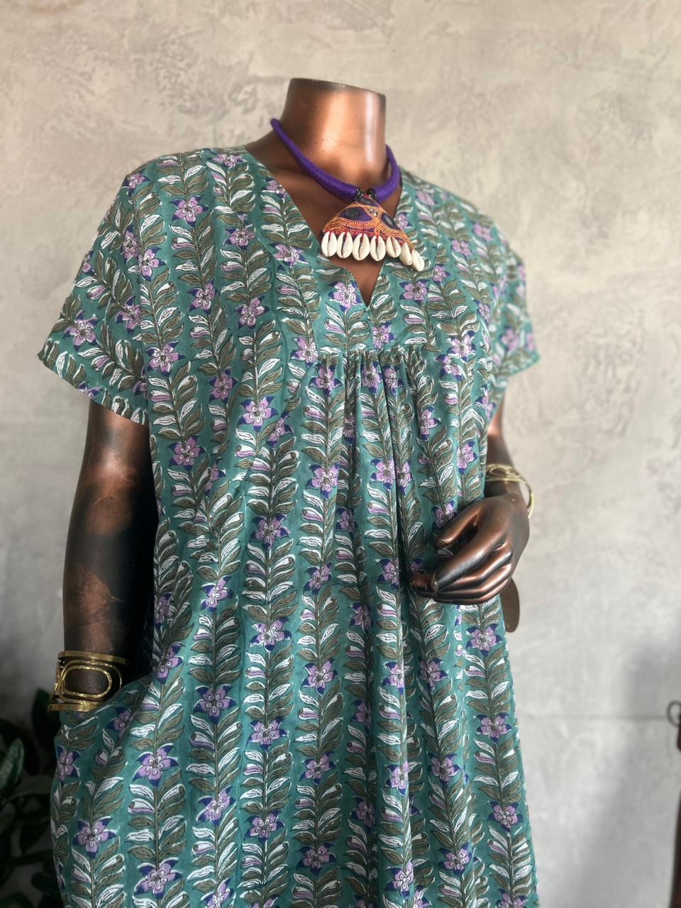 Handblockprinted cotton dress_Forest Green