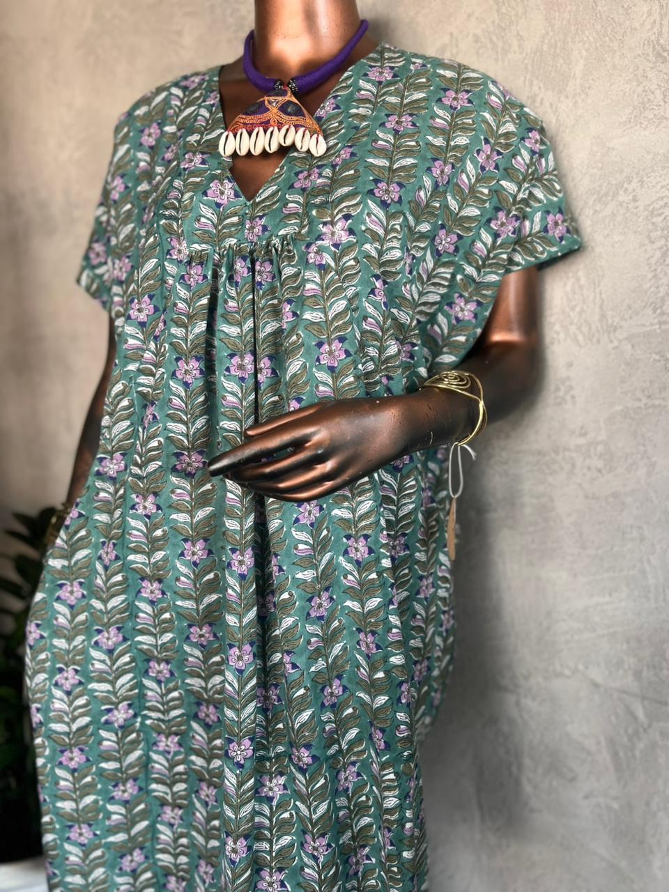 Handblockprinted cotton dress_Forest Green