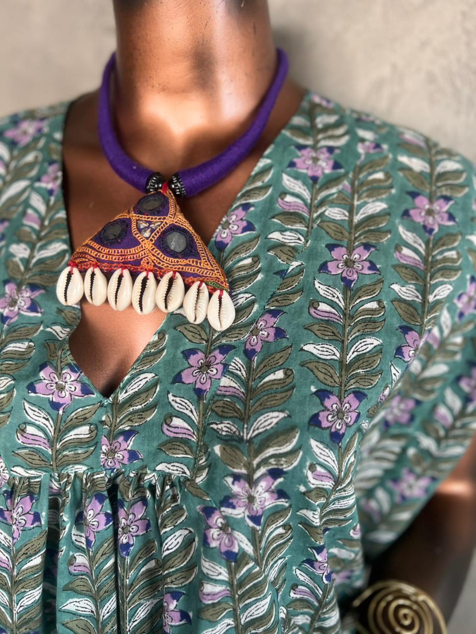 Handblockprinted cotton dress_Forest Green