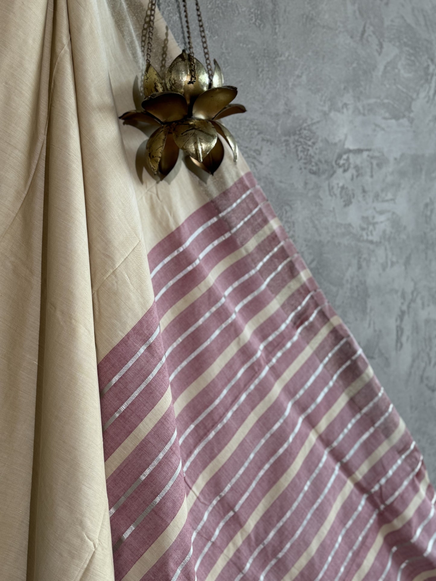 COTTON KASAVU BEIGE BODY PINK/BEIGE/SILVER PALLU