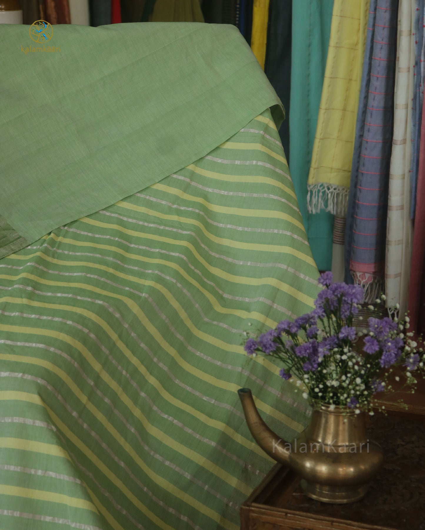 Lime green colored Kasavu saree