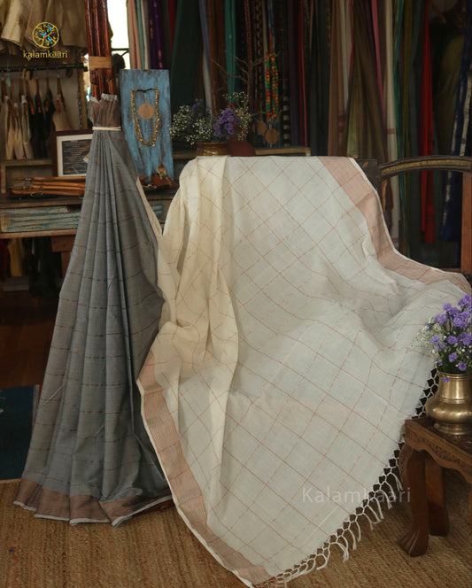 WHITE AND GREY COLORED KASAVU SAREE