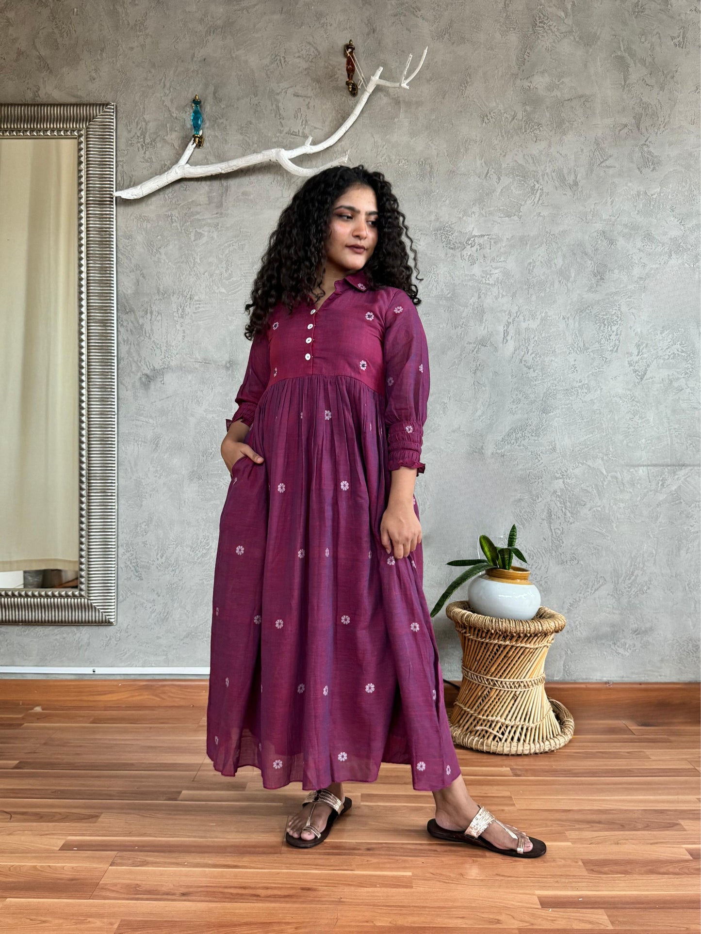 MAROON DOUBLE SHADE JAMDANI SHIRT COLLAR DRESS