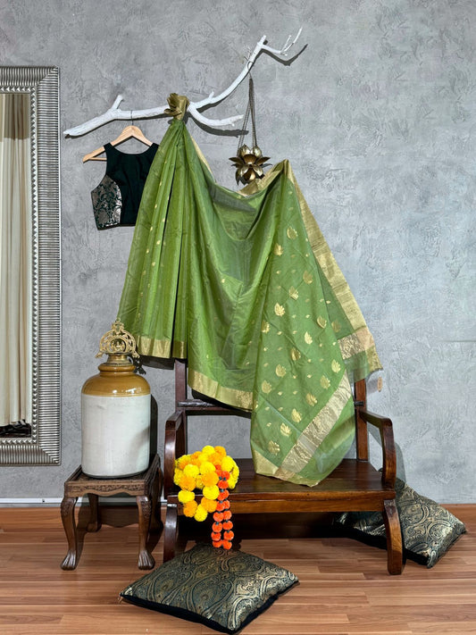 GREEN CHANDERI SAREE WITH LEAF MOTIF