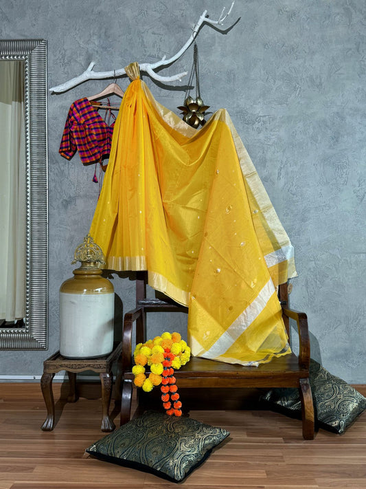 MANGO YELLOW CHANDERI SAREE WITH TULIP MOTIF