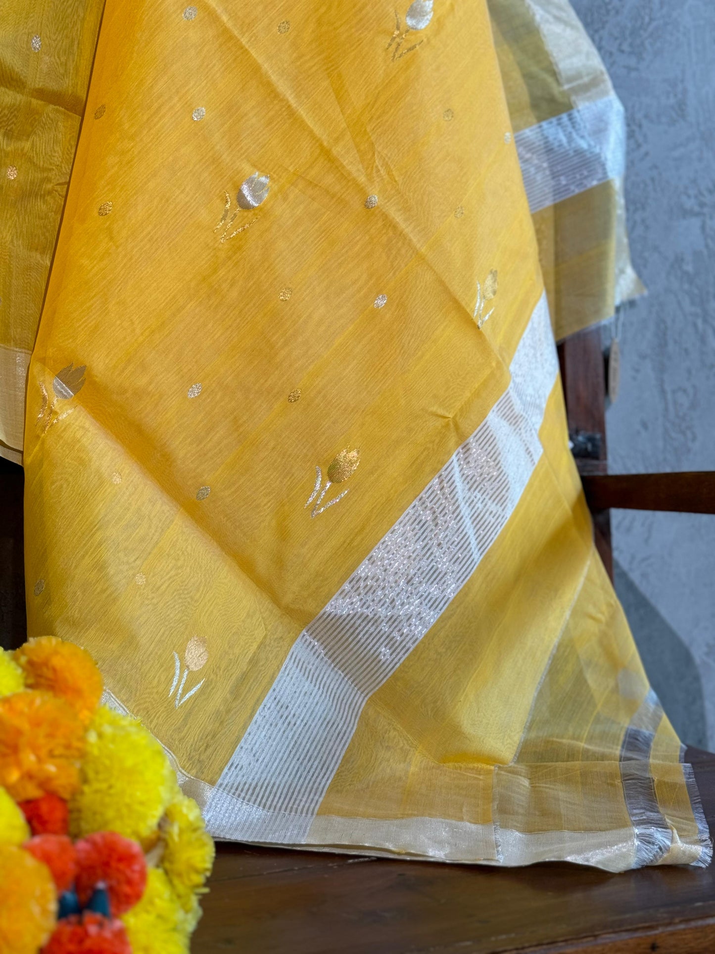 MANGO YELLOW CHANDERI SAREE WITH TULIP MOTIF