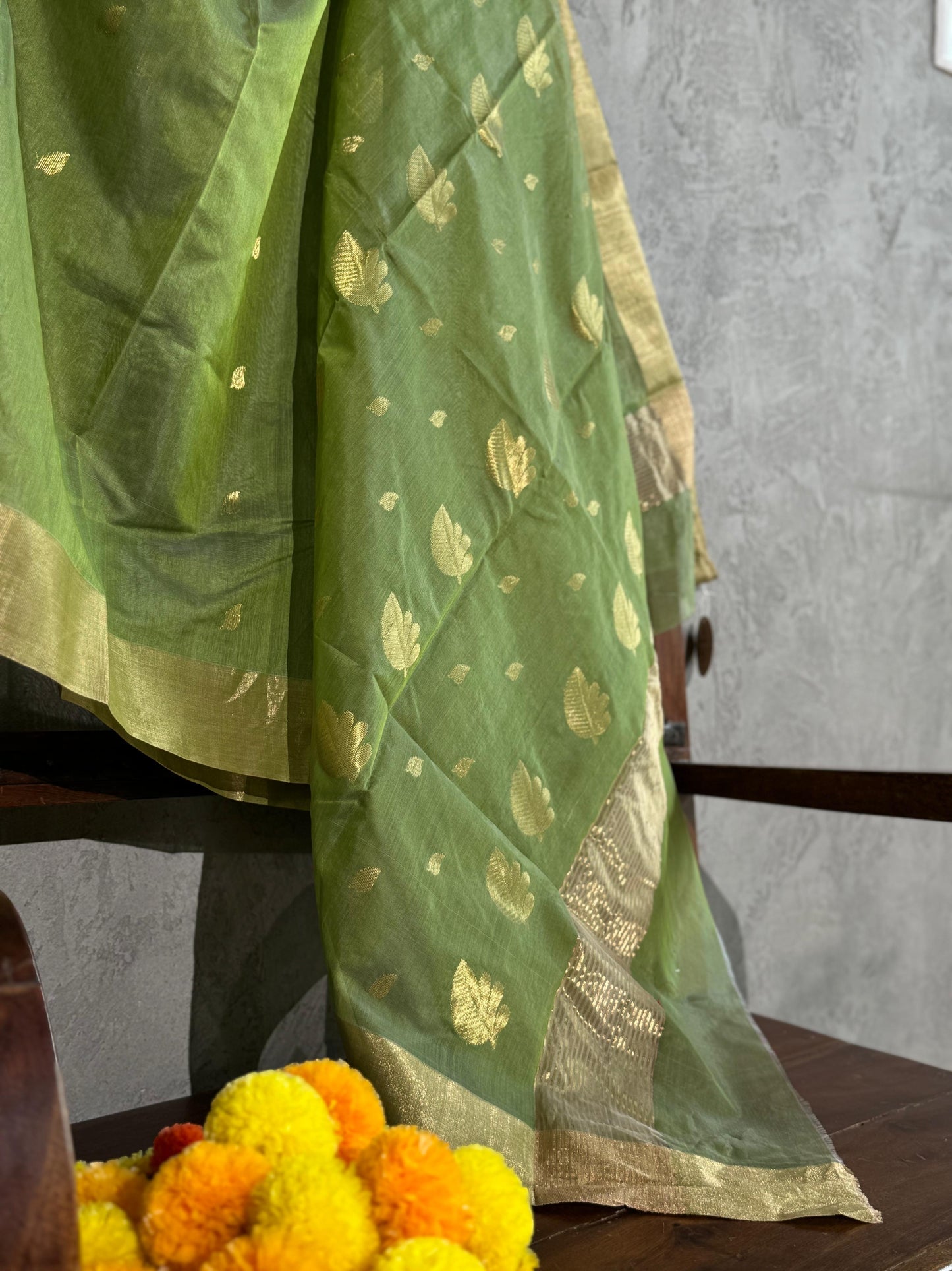 GREEN CHANDERI SAREE WITH LEAF MOTIF