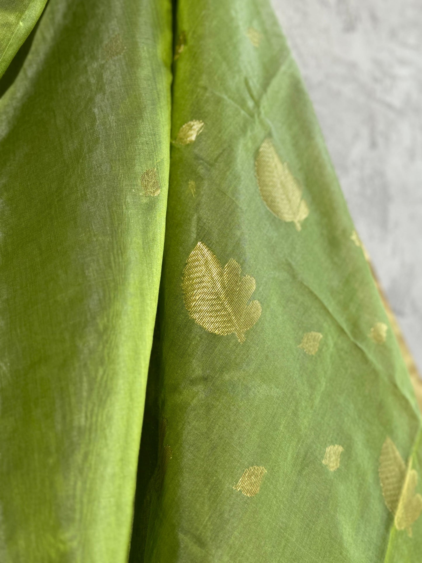 GREEN CHANDERI SAREE WITH LEAF MOTIF