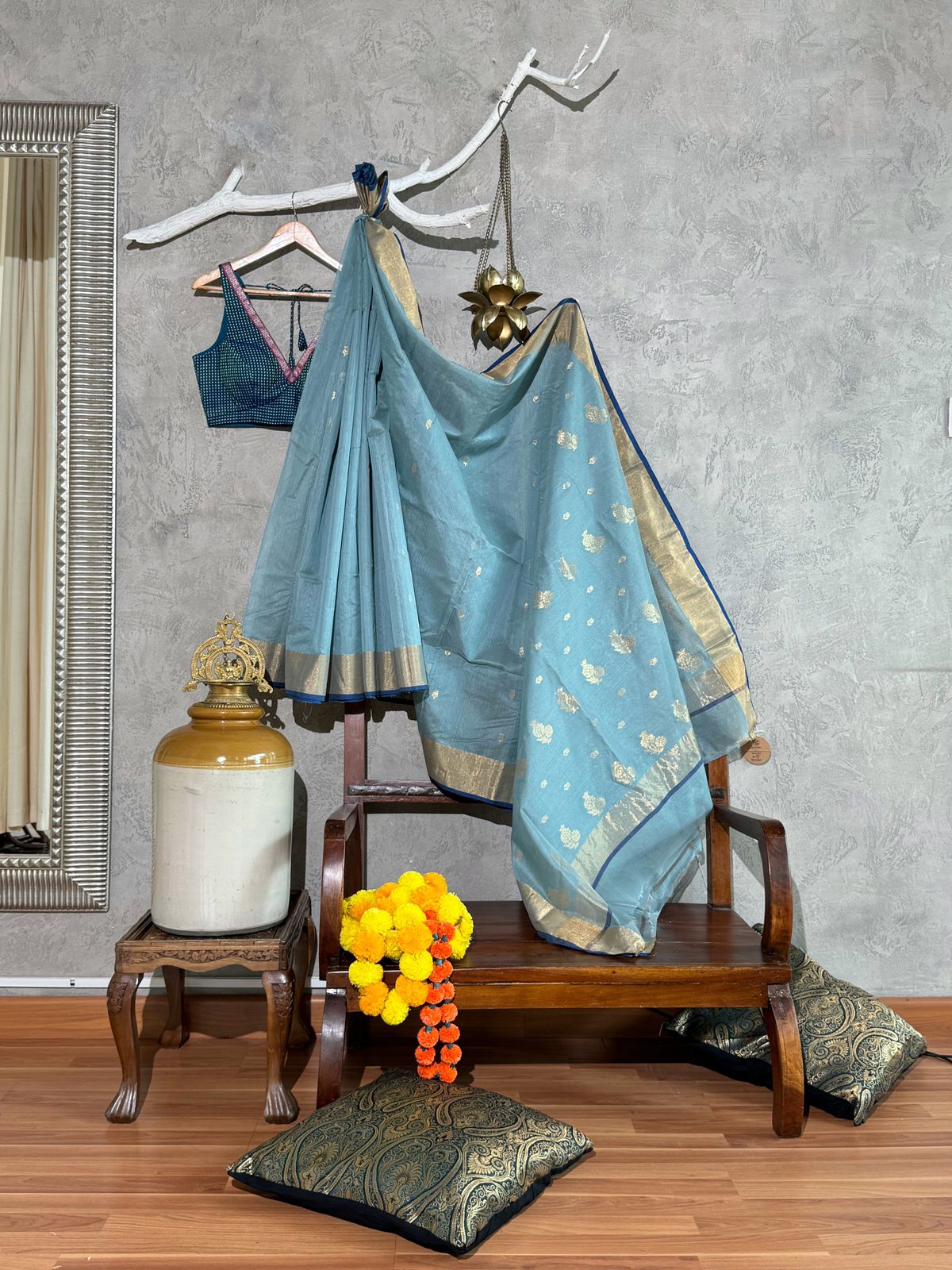 POWDER BLUE CHANDERI SAREE WITH FLOWER MOTIF