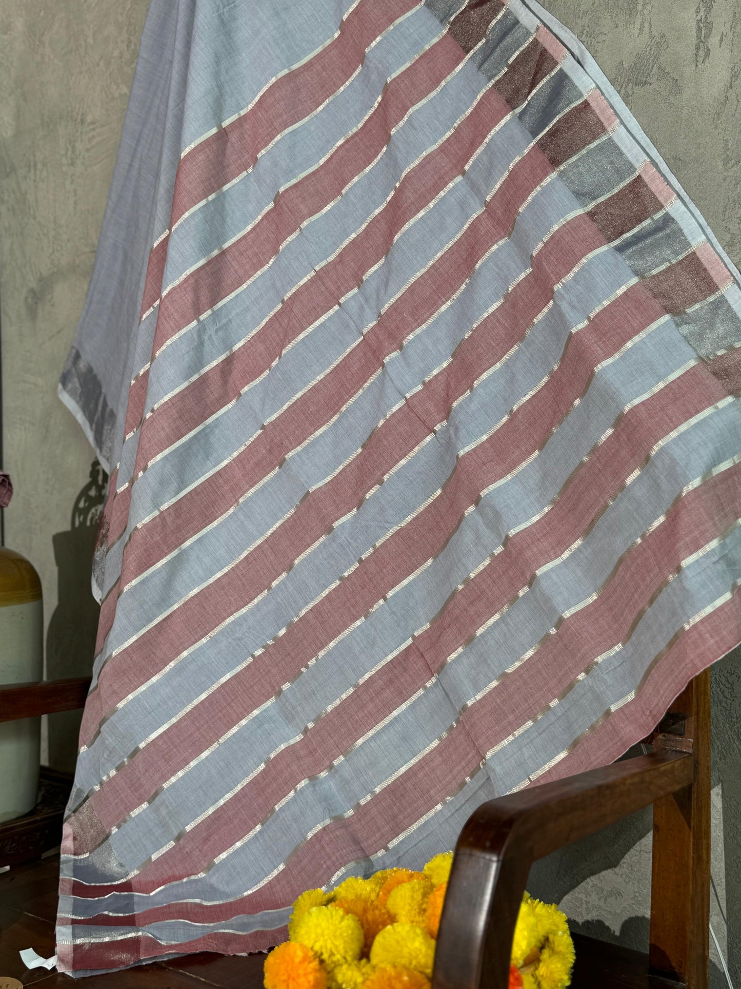 ASH AND DUSTY PINK SILVER KARA COTTON SAREE