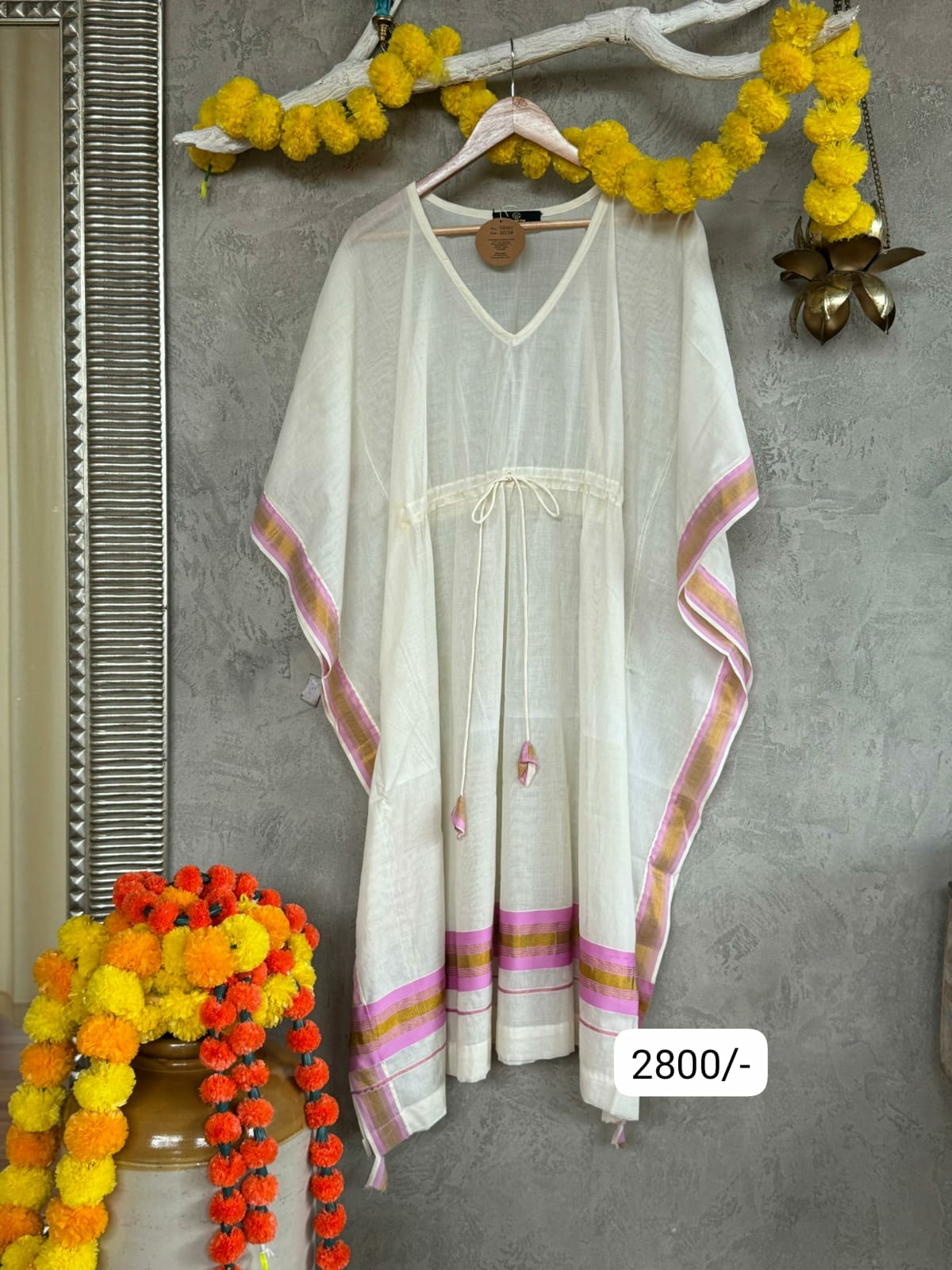 Kasavu kaftan- pink kara (Kaithari Onam)