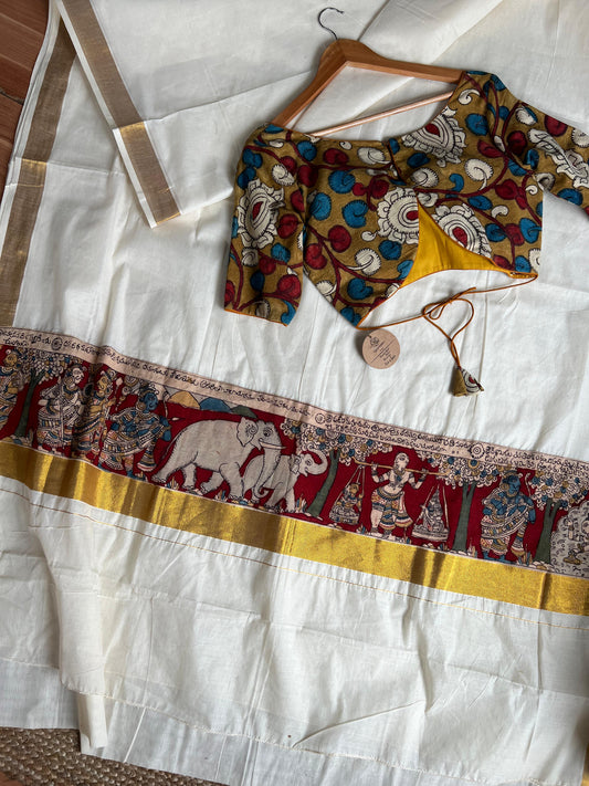 KASAVU SAREE WITH KALAMKAARI APPLIQUE