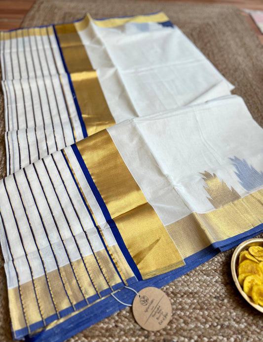 BLUE AND GOLDEN KOMMA DESIGN KASAVU SAREE