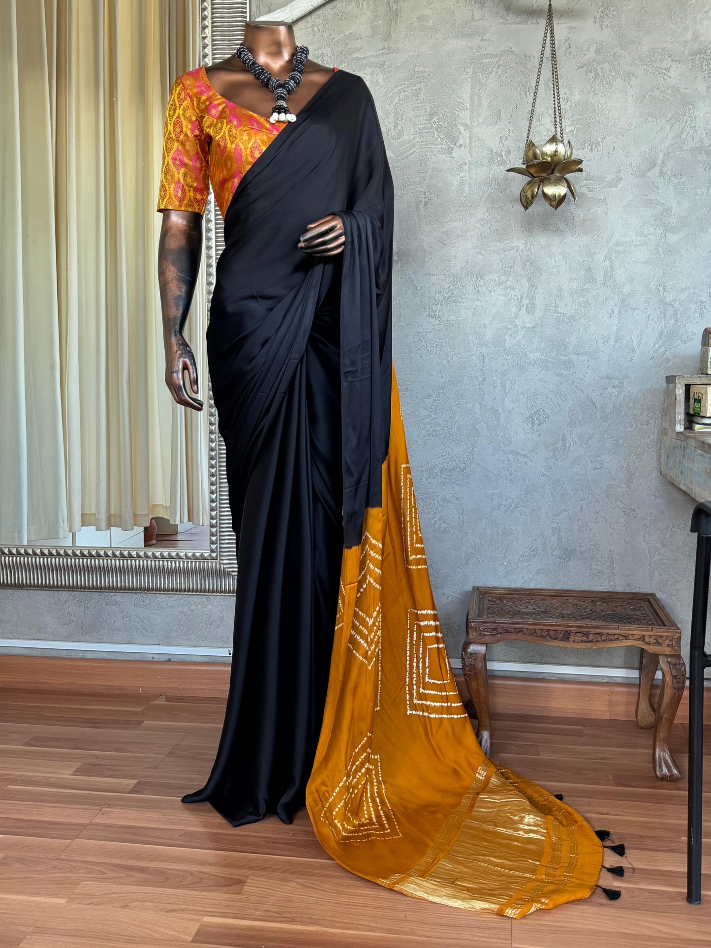 BLACK AND MUSTARD MODAL SILK SHIBORI SAREE