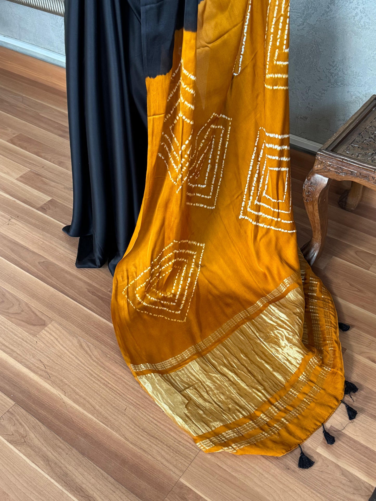 BLACK AND MUSTARD MODAL SILK SHIBORI SAREE