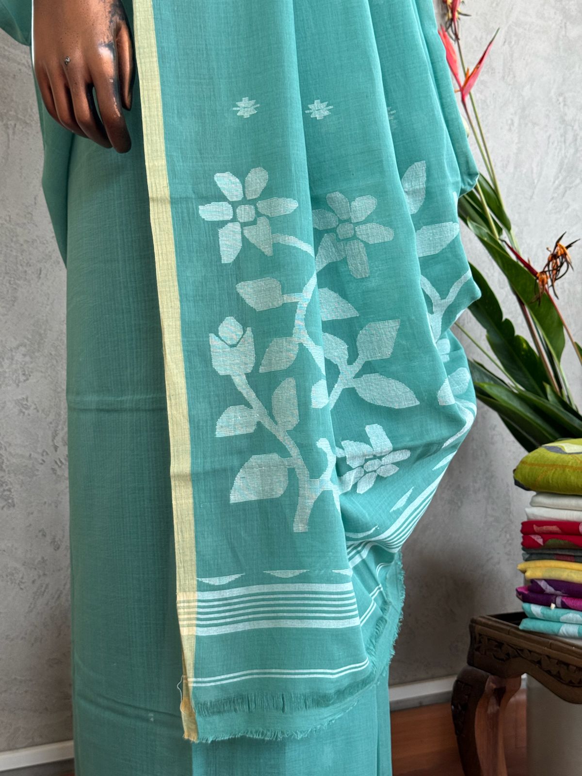 AQUA GREEN JAMDANI COTTON SAREE