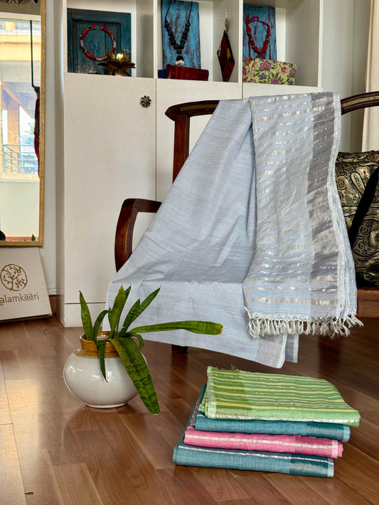 POWDER BLUE COLORED SILVER KASAVU SAREE