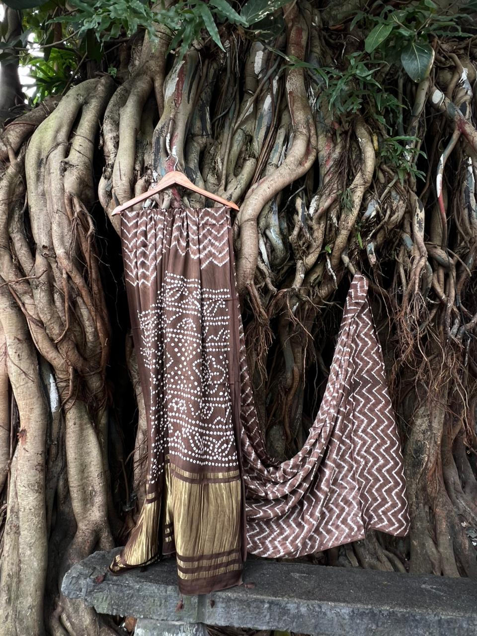 MODAL SILK BANDINI WITH NEEDLE SHIBORI SAREE_COFFEE