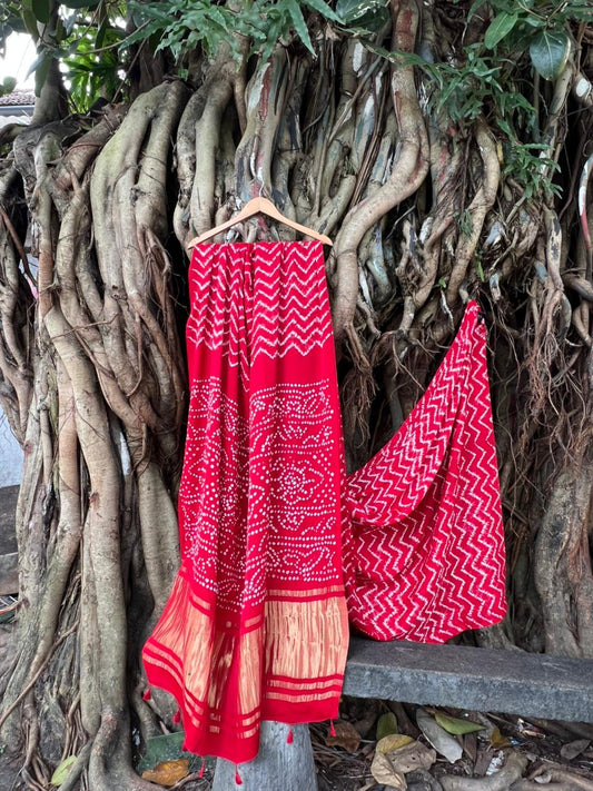 MODAL SILK BANDHUNI WITH NEEDLE SHIBORI RED SAREE