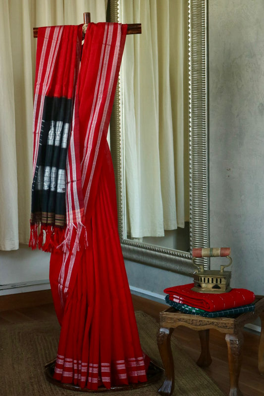 COTTON ILKAL WITH SILK PALLU SAREE_red