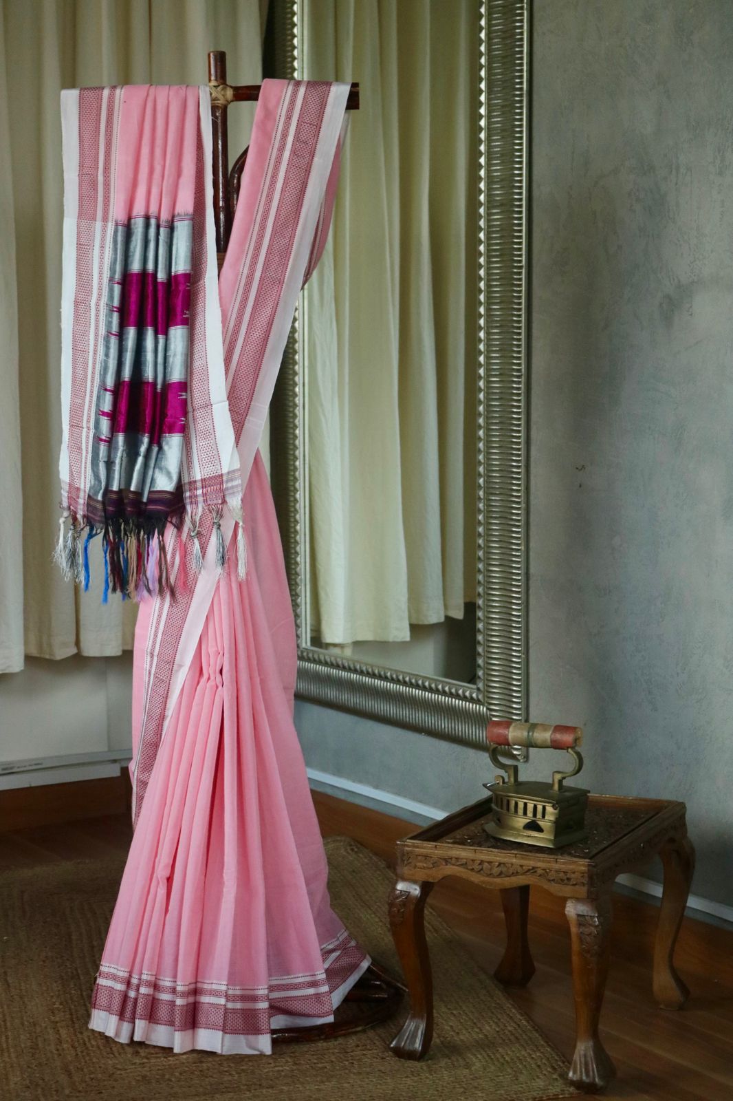 COTTON ILKAL WITH SILK PALLU SAREE_rose milk pink