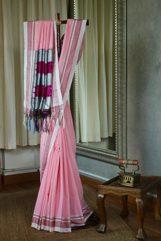 COTTON ILKAL WITH SILK PALLU SAREE_rose milk pink