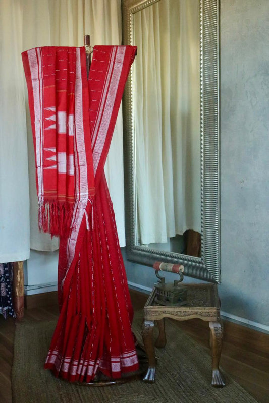 COTTON ILKAL WITH SILK PALLU SAREE_red with silver lines