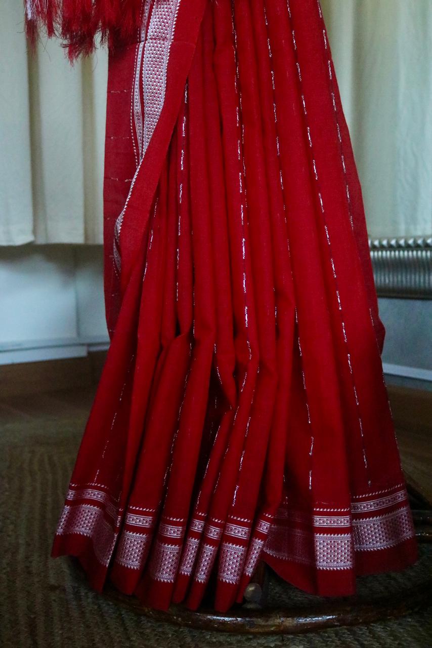 COTTON ILKAL WITH SILK PALLU SAREE_red with silver lines