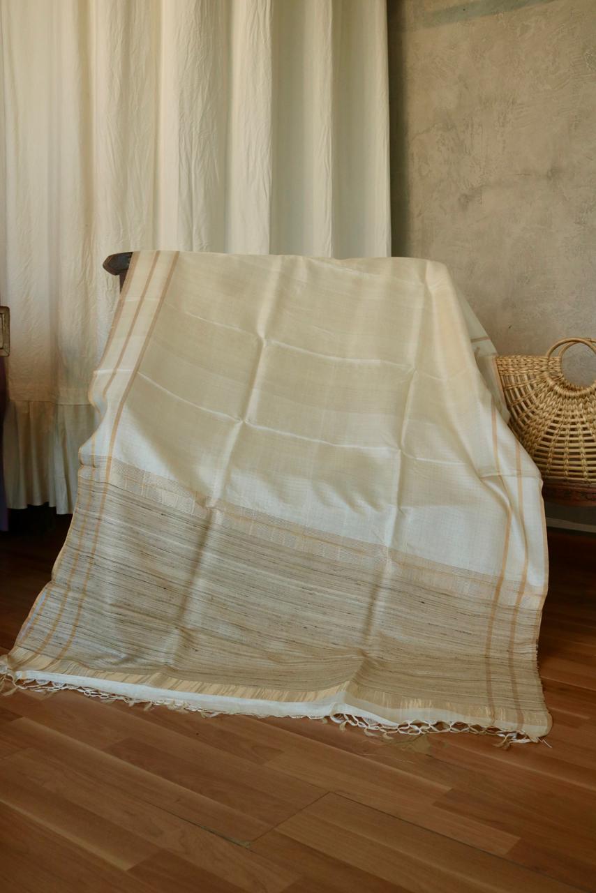 TUSSAR PLAIN SAREE WITH 3 LAYER ZARI LINE BORDER