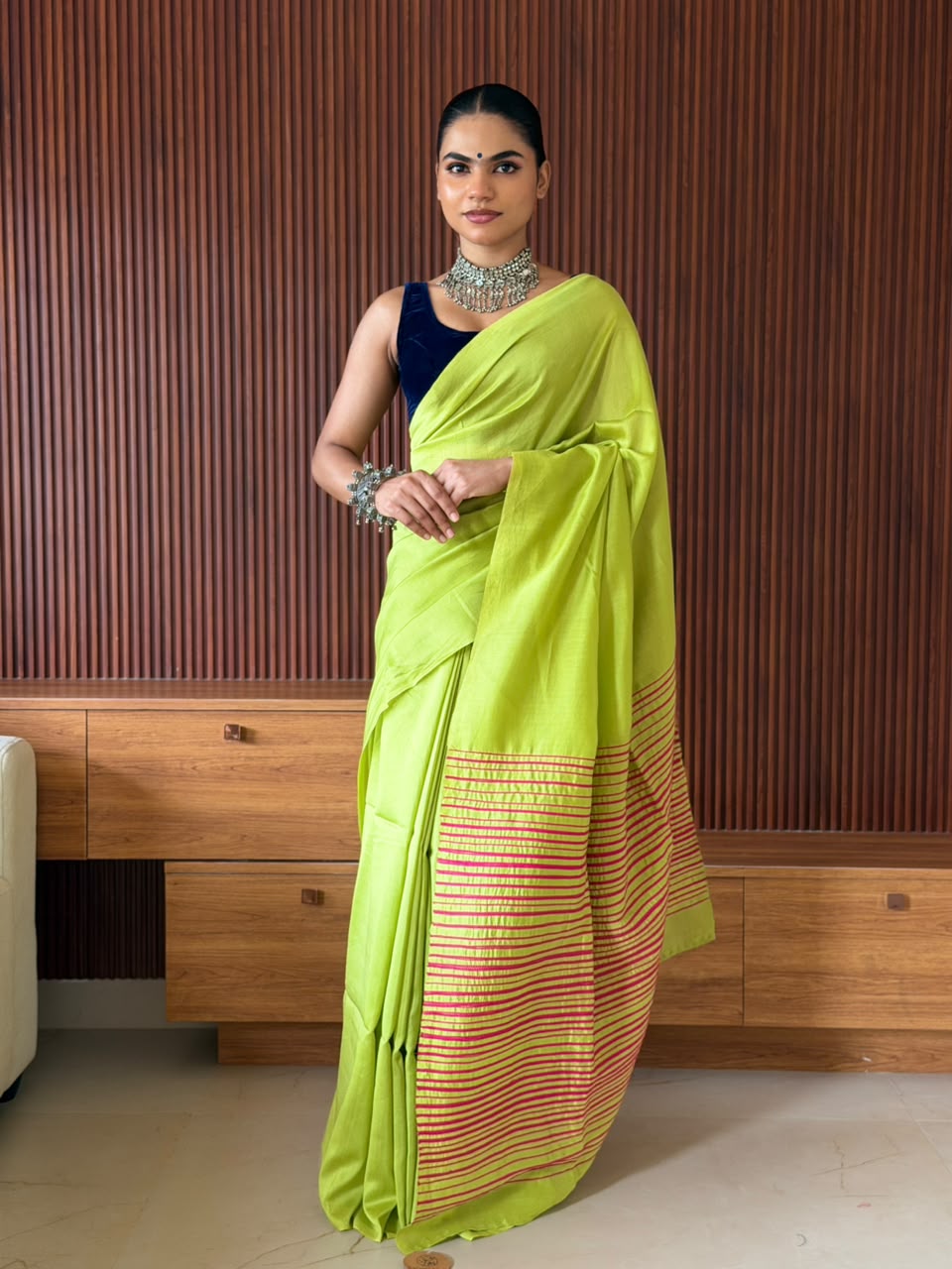 VAT-DYED CHANDERI SAREE WITH EMBROIDERY PALLU_GREEN