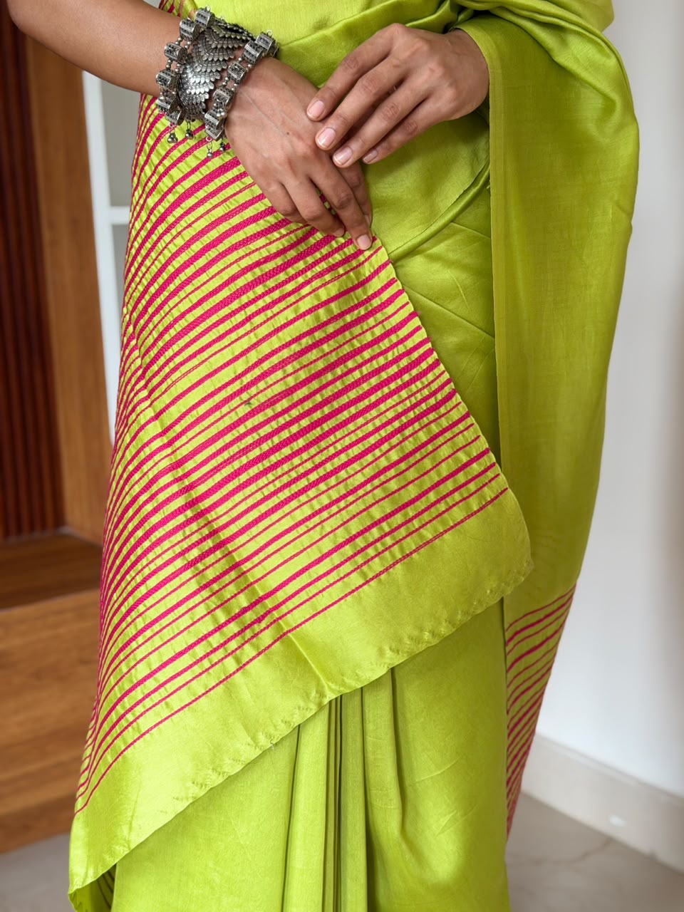 VAT-DYED CHANDERI SAREE WITH EMBROIDERY PALLU_GREEN