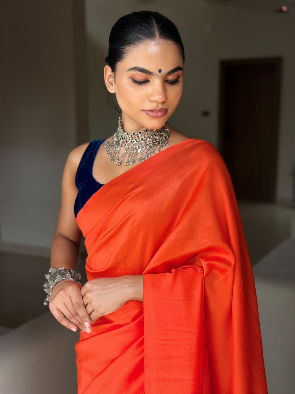 VAT-DYED CHANDERI SAREE WITH EMBROIDERY PALLU_ORANGE