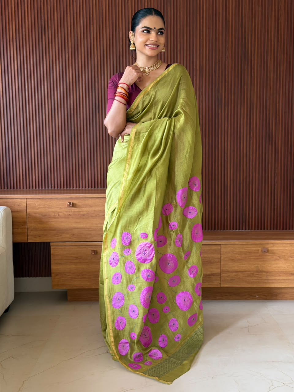 VAT-DYED CHANDERI SAREE WITH APLIC PALLU