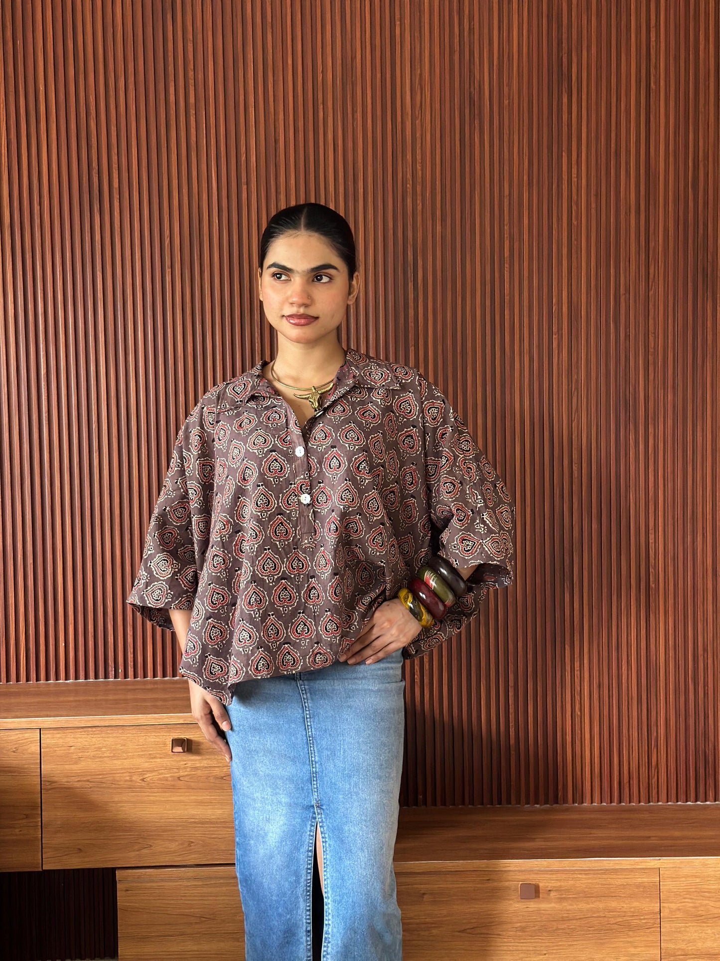 PRINTED COTTON KAFTAN SHIRT AJRAK PRINT
